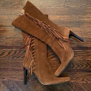 MIA Brown Suede Fringe High Heeled Boot, Size 7 1/2M.